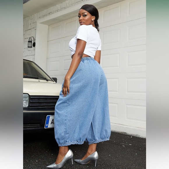 Women's Baggy Jeans Barrel Cropped Elastic Waist Denim Pants Loose Trousers - Picture 4 of 9